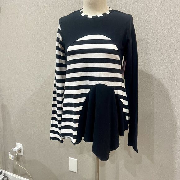 None Tops - Handmade Black and White and Stripes Colorblocked asymmeterical Tunic, Size M